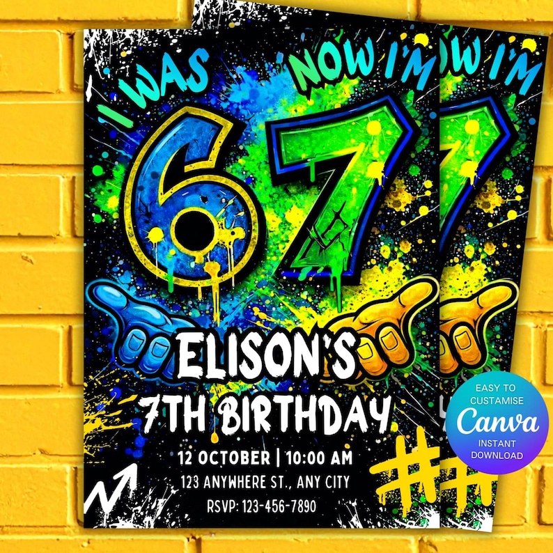 Peut inclure: Une invitation d'anniversaire vibrante avec un style graffiti. Le design pr&eacute;sente les chiffres "6" et "7" en gras, soulign&eacute;s en bleu et vert, avec le texte "I WAS 6, NOW I'M 7". L'invitation comprend le texte "ELISON'S 7TH BIRTHDAY" et les d&eacute;tails de l'&eacute;v&eacute;nement.