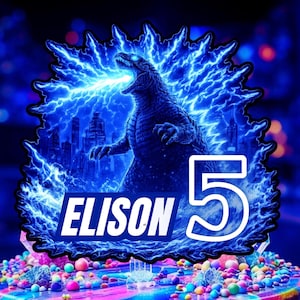 5th Birthday Boy Giant Monster Cake Topper, Blue Lightning Kaiju Party Invite, Editable Canva Template, Fifth Year Roaring Digital Card