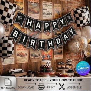 May include: A racing-themed birthday party setup with a banner that reads "Happy Birthday." The decor includes checkered flags, balloons, and a cake with racing details. Vintage racing posters adorn the background, creating a festive atmosphere.