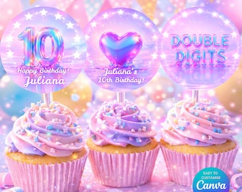 Editable 10th Birthday Cupcake Toppers, Pastel Rainbow Double Digits Invite, Holographic Jelly 10 Party Decor, Glow Sparkle Canva Template