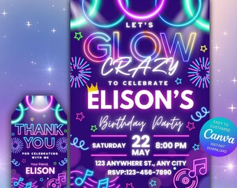 Invitation d'anniversaire fluo et étiquettes de remerciement, Invitation à une fête lumineuse, Célébration musicale arc-en-ciel, Soirée dansante disco rétro