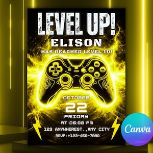 Puede incluir: Invitación con temática de juegos en negro y amarillo con las palabras "LEVEL UP!" en la parte superior. La invitación incluye el nombre "ELISON" y el texto "HAS REACHED LEVEL 10!". Un gráfico de mando amarillo está en el centro. La fecha es el 22 de octubre.