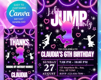 Invitation d'anniversaire sur le thème des trampolines, invitation lumineuse pour une fête de 6 ans (fille), invitation numérique à télécharger, étiquette de remerciement