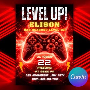 Gamer Birthday Invitation for 10 Year Old Boy, Neon Gaming Invite, Controller Video Game Party, Level 10 Unlocked, Digital Download