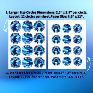 May include: Two sheets of circular stickers with a blue and white design. The larger circles are 2.5" x 2.5" and the smaller ones are 2" x 2". Each circle features a monster graphic and the text "HAPPY BIRTHDAY" and "ELISON".