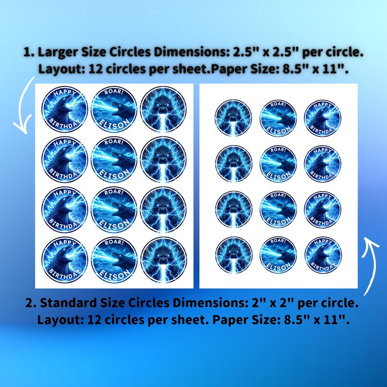 May include: Two sheets of circular stickers with a blue and white design. The larger circles are 2.5" x 2.5" and the smaller ones are 2" x 2". Each circle features a monster graphic and the text "HAPPY BIRTHDAY" and "ELISON".