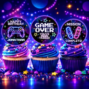 Adornos editables para cupcakes de cumpleaños de videojuegos, fiesta de cumpleaños de niño gamer, fiesta de gamer neón, adornos para tartas, fiesta de cumpleaños de nivel superior para el 9.º