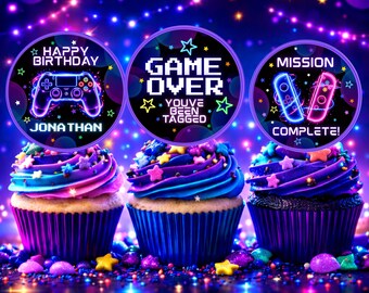 Editable Video Game Birthday Cupcake Toppers, Boy Gamer Birthday Party, Neon Gamer Party, Cake Toppers, Level Up Birthday Party for 9th