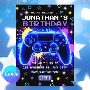 Einladungsvorlage für Gamer-Geburtstag, Videospiel-Party-Einladung, im Dunkeln leuchtend, Neon-Arcade-Party, bearbeitbarer blauer und violetter Controller, Canva 5×7