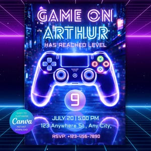 May include: A digital invitation with a neon blue and purple color scheme. The text "GAME ON ARTHUR HAS REACHED LEVEL" is displayed above a glowing game controller graphic. The number "9" is prominent, with event details below.