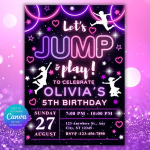 May include: A vibrant invitation for Olivia's 5th birthday, featuring a neon design with the words "Let's Jump & Play!" in pink and purple. Includes event details, date, time, and RSVP information. Canva instant download.
