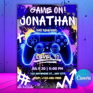 Level Up Video Game Invitation, Neon Gamer Party Invite,10th Celebration for Boys, Arcade Controller Theme, Editable Canva Template
