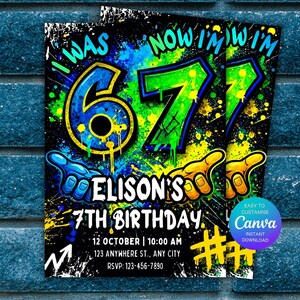 Invitation d'anniversaire Neon Six Seven pour garçon, invitation graffiti néon 67, j'avais 6 ans, maintenant j'en ai 7 image 2