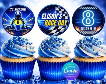 Go Kart Racing Birthday Cupcake Toppers, Blue Neon Race Car Party Invite, Boys Fast One Celebration, Glow Track Theme, Digital Download