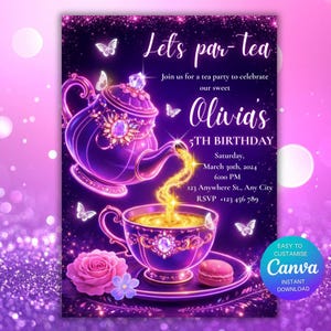 以下が含まれることがあります： 紫色のティーパーティーの招待状。ティーポットからティーカップに注がれています。「Let's par-tea」の文字と、オリビアの5歳の誕生日の詳細（日付、時間、場所など）が記載されています。蝶と花がデザインを飾っています。