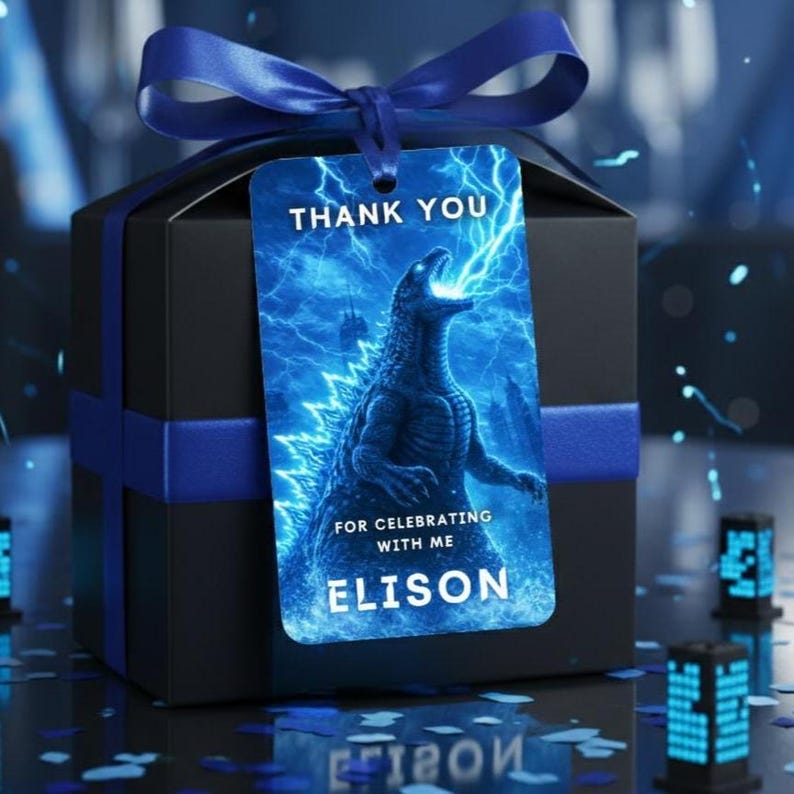 5th Birthday Boy Giant Monster Thank You Tag, Blue Lightning Kaiju ...