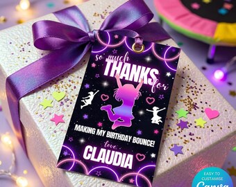 Étiquette de remerciement néon pour fête d'anniversaire sur trampoline, invitation lumineuse pour une fête de 6 ans (fille), téléchargement numérique, silhouette rose, violette et bleue