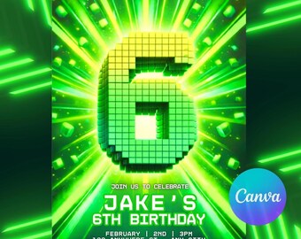 Invitation pour une fête d'anniversaire sur le thème des briques de construction néon pour un garçon de 6 ans, célébration avec des briques vertes lumineuses, modèle numérique modifiable, invitation pour un sixième anniversaire