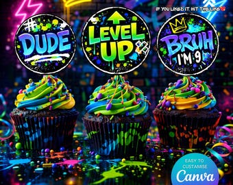 9th Birthday Cupcake Toppers for Boys, Bruh It's My Birthday Party, Neon Bday Card, Editable Canva Template, Teen Boy Birthday Decor, 7th