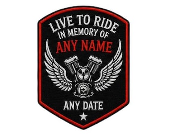 Parche conmemorativo "Live to Ride" / Homenaje personalizado a la motocicleta / Nombre y fecha personalizados / Parche bordado termoadhesivo