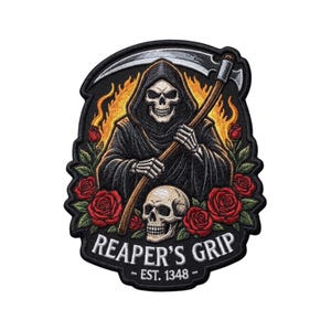 Broderad lapp med dödskalle, Grim Reaper-motiv, stryk-på-lapp för jacka och väst
