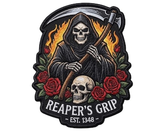 Reaper’s Grip Embroidered Patch, Grim Reaper Skull Iron On Biker Patch for Jacket Vest