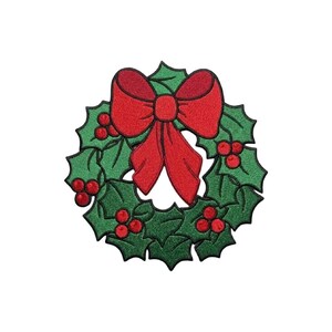 Christmas Holly Wreath Embroidered Patch Red Bow Berries Holiday Badge