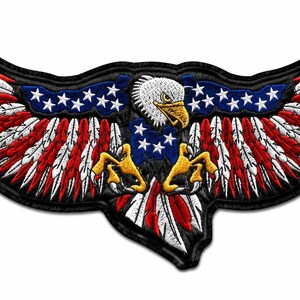 May include: An embroidered patch featuring a bald eagle with wings spread wide. The eagle's wings and body incorporate red, white, and blue colors with white stars on a blue background. The eagle has a yellow beak and yellow talons.