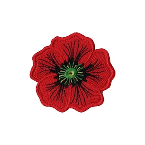 Peut inclure: Écusson brodé représentant une fleur de coquelicot rouge avec des détails noirs et un centre vert et jaune. Le patch est une représentation détaillée d'un coquelicot, symbole du souvenir.