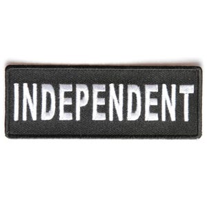 May include: A rectangular embroidered patch with a black background and a thick black border. The word INDEPENDENT is stitched in bold, white, sans-serif capital letters across the center of the patch, filling the majority of the space.
