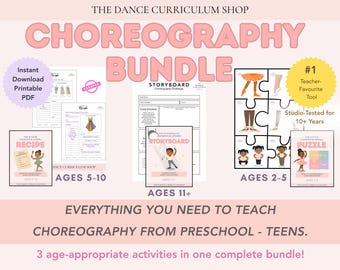 Könnte beinhalten: Rosa-weiße Grafik, die ein Choreografie-Bundle von The Dance Curriculum Shop bewirbt. Das Bundle enthält druckbare PDFs, ein Rezept, ein Storyboard und ein Puzzle mit Aktivitäten für die Altersgruppen 2-5, 5-10 und 11+. Text: "Alles, was Sie brauchen, um Choreografie vom Vorschulalter bis zu Teenagern zu unterrichten."