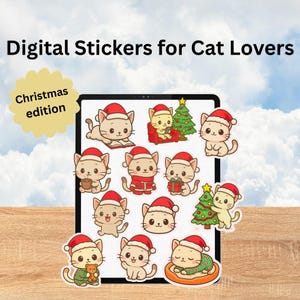 Könnte beinhalten: Digitale Aufkleber für Katzenliebhaber, mit verschiedenen Cartoon-Katzen, die Weihnachtsmützen und festliche Outfits tragen. Die Aufkleber zeigen Katzen mit Geschenken, Kaffee und Weihnachtsbäumen. Der Text "Christmas edition" ist ebenfalls vorhanden.