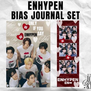 May include: An ENHYPEN bias journal set featuring a large group photo of the seven members in white shirts with red heart graphics, alongside a vertical strip of three smaller group photos, red heart icons, and the text ENHYPEN BIAS JOURNAL SET.