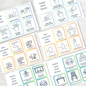 Puede incluir: Un conjunto de tarjetas de ejercicios de descanso en el escritorio con ilustraciones y texto. Las tarjetas est&aacute;n etiquetadas como "Fidget Desk Breaks", "Mini movement desk breaks" y "Heavy work Desk Breaks". Cada tarjeta presenta diferentes ejercicios.