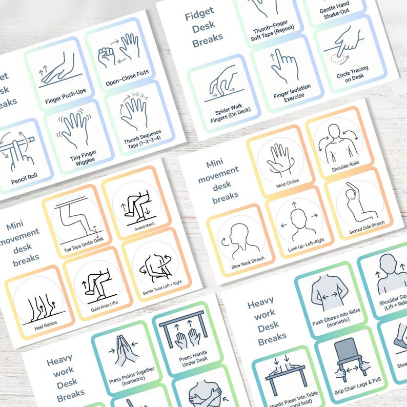 Puede incluir: Un conjunto de tarjetas de ejercicios de descanso en el escritorio con ilustraciones y texto. Las tarjetas est&aacute;n etiquetadas como "Fidget Desk Breaks", "Mini movement desk breaks" y "Heavy work Desk Breaks". Cada tarjeta presenta diferentes ejercicios.