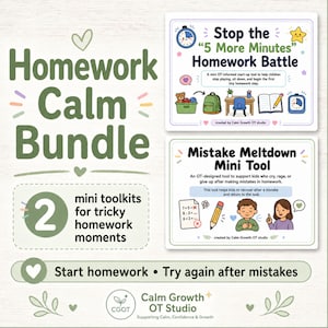 May include: A Homework Calm Bundle with two mini toolkits for tricky homework moments. The image includes two cards: "Stop the '5 More Minutes' Homework Battle" and "Mistake Meltdown Mini Tool". The text encourages starting homework and trying again after mistakes.