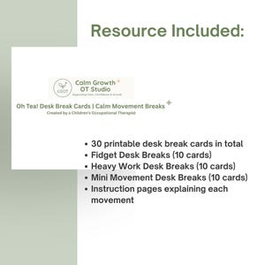 Puede incluir: Una tarjeta blanca con el texto "Oh Tea! Desk Break Cards | Calm Movement Breaks" y "Creado por un terapeuta ocupacional infantil". La tarjeta tambi&eacute;n enumera 30 tarjetas de descanso imprimibles.