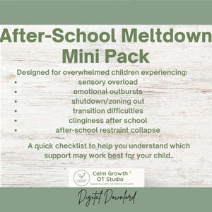 May include: A digital download titled "After-School Meltdown Mini Pack." The design includes a list of challenges children face, such as sensory overload and emotional outbursts. The Calm Growth OT Studio logo is at the bottom.