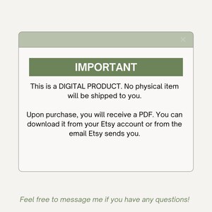 Puede incluir: Aviso de producto digital en un dise&ntilde;o verde claro y blanco. El texto "IMPORTANTE" est&aacute; en una pancarta verde oscuro. El aviso indica que es un producto digital y se entregar&aacute; como PDF a trav&eacute;s de Etsy.