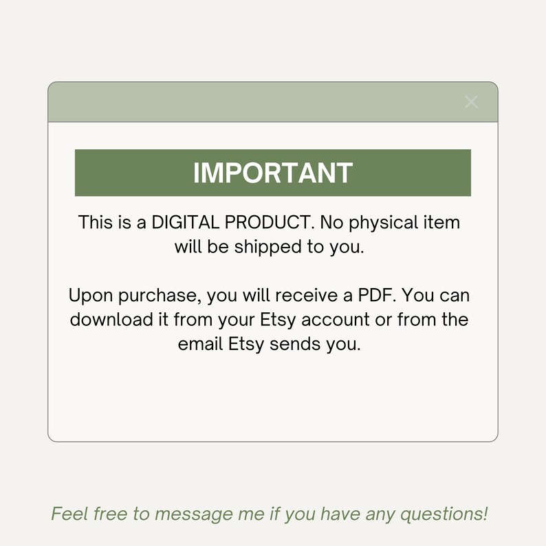 Puede incluir: Aviso de producto digital en un dise&ntilde;o verde claro y blanco. El texto "IMPORTANTE" est&aacute; en una pancarta verde oscuro. El aviso indica que es un producto digital y se entregar&aacute; como PDF a trav&eacute;s de Etsy.
