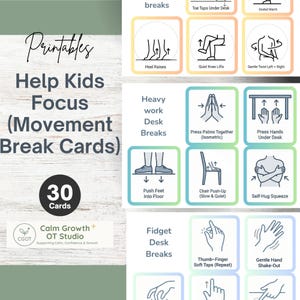 Tarjetas de movimiento para niños con TDAH / Mejora la concentración / Reduce la inquietud / Herramienta para el aula y las tareas / Estrategia de terapia ocupacional imagen 1
