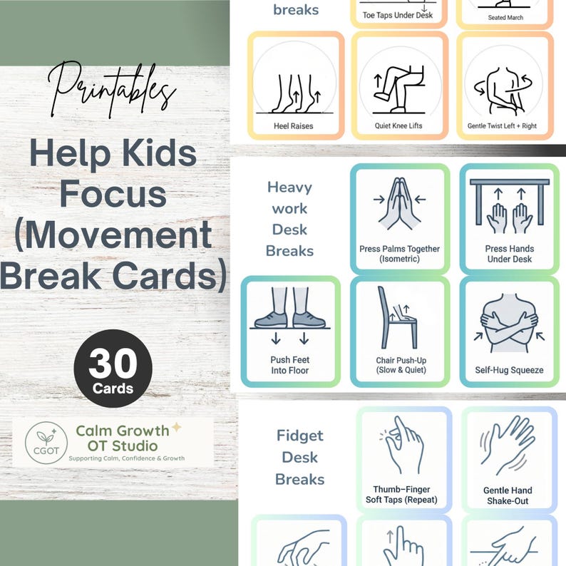 Tarjetas de movimiento para niños con TDAH / Mejora la concentración / Reduce la inquietud / Herramienta para el aula y las tareas / Estrategia de terapia ocupacional imagen 1