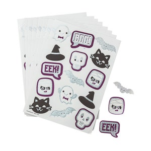 May include: Sheets of Halloween-themed stickers featuring various spooky designs. The stickers include ghosts, bats, cats, skulls, witch hats, and speech bubbles with the words "BOO" and "EEK!" in purple. The stickers have a silver glitter effect.