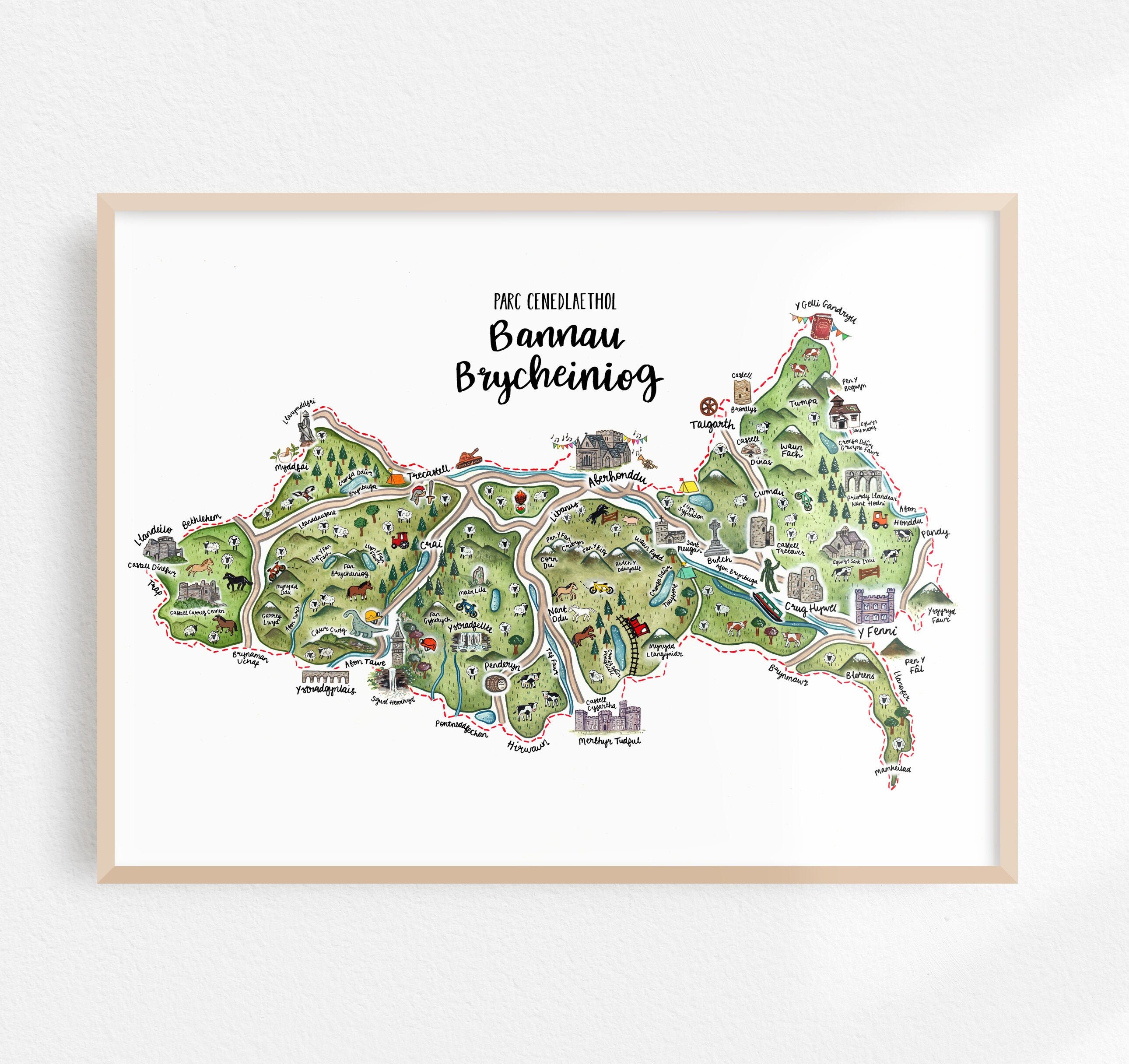 Brecon Beacons National Park Boundary Welsh Brecon Beacons Map Bannau Brycheiniog Map Print | Etsy