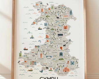 Cymru Welsh Map of Wales Print | Wales Wall Art | Wales Map Poster | Welsh Print | Illustrated Map of Wales | 12x16