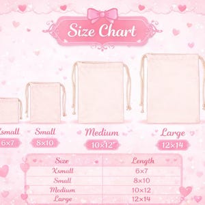 Puede incluir: Un gr&aacute;fico de tallas rosa con cuatro bolsas con cord&oacute;n, etiquetadas como Xsmall, Small, Medium y Large. Las medidas son en cm: 15x18, 20x25, 25x30 y 30x36. El fondo es rosa con formas de coraz&oacute;n.