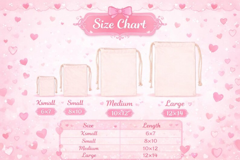 Puede incluir: Un gr&aacute;fico de tallas rosa con cuatro bolsas con cord&oacute;n, etiquetadas como Xsmall, Small, Medium y Large. Las medidas son en cm: 15x18, 20x25, 25x30 y 30x36. El fondo es rosa con formas de coraz&oacute;n.