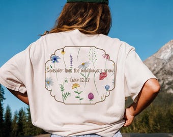 Considera come crescono i fiori selvatici png, Fiori selvatici cristiani con cornice Png, Versetto della Bibbia Png, Floreale cristiano Boho Png, Luca 12:27 png jpg