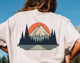 Retro Mountain Landscape png, Nature Png, Retro Forest Png, Hiking png, Camping png jpg