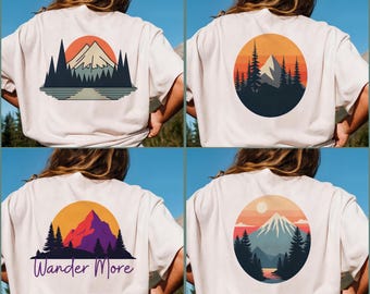 Bundle of 4 Retro Mountain Landscape png, Nature Png, Retro Forest Png, Sunset png, Hiking png, Camping png jpg, Sublimation Designs
